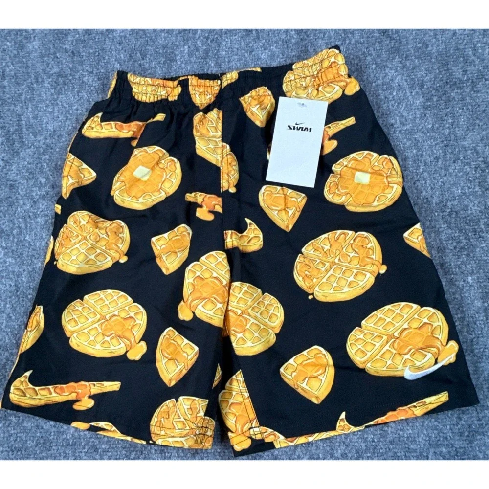 Nike Swim Boys Medium 5-6 Black Waffle Syrup Print Board Shorts Trunks NWT
